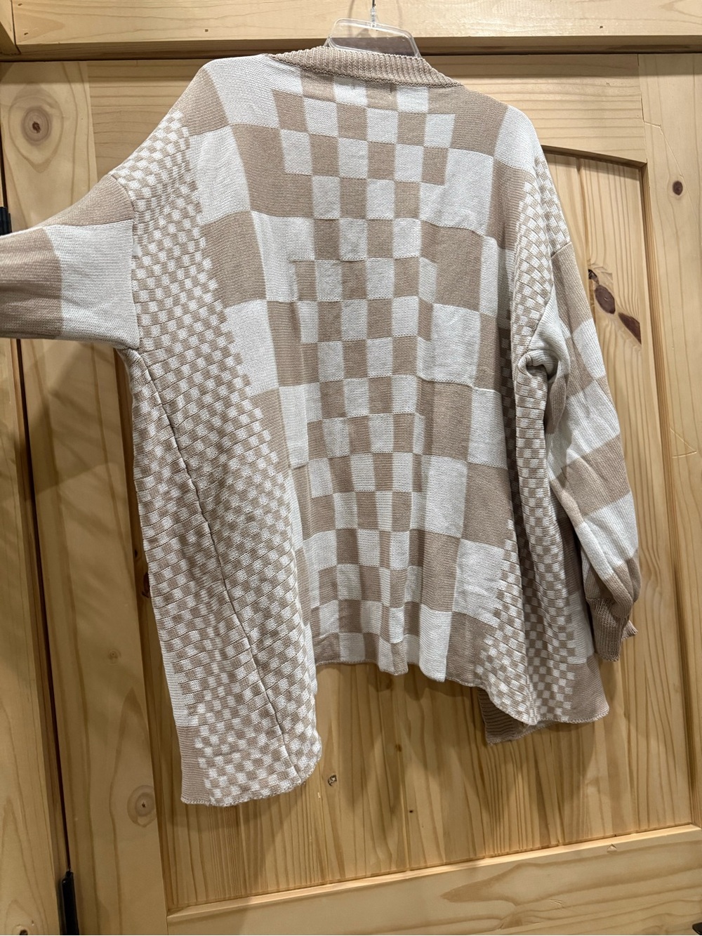 Women's Checkerboard Open-Front Cardigan Sweater - Cream & Beige, Size XL - Picture 7 of 8